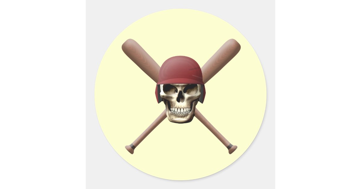 Baseball Skull & Crossed Bats Classic Round Sticker | Zazzle
