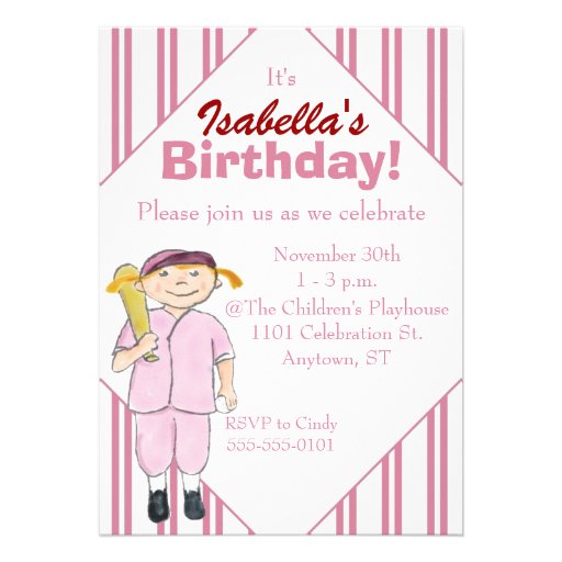Baseball-Themed Girl's Birthday Party Invitation