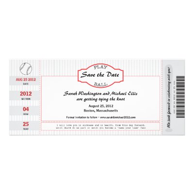 Baseball Ticket Save the Date Personalized Invite