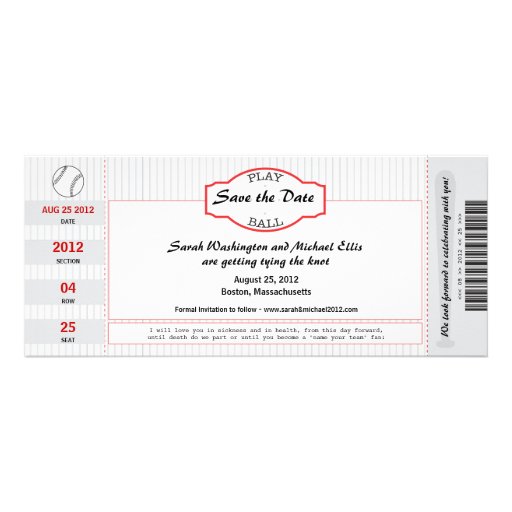 Baseball Ticket Save the Date Personalized Invite
