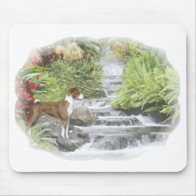 basenji by water fall mousepad by deesbasenjis
