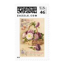 Basket of Mums Vintage Birthday Postage Stamps