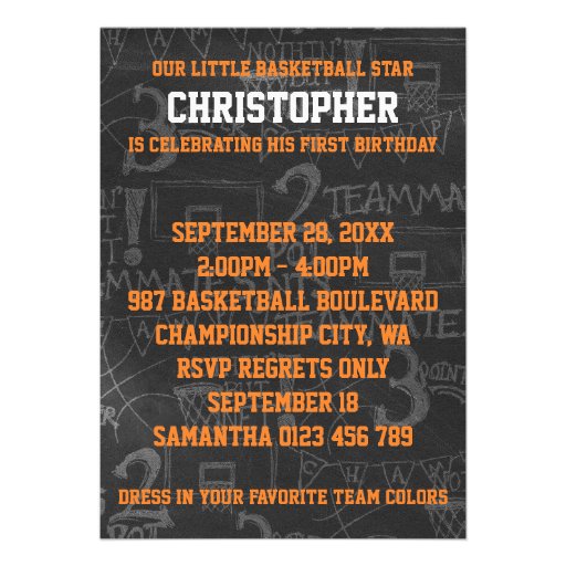 Basketball Chalkboard 1st Birthday Party Personalized Invitations