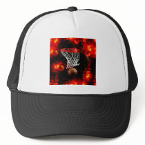 Basketball Net, Ball & Flames Trucker Hats