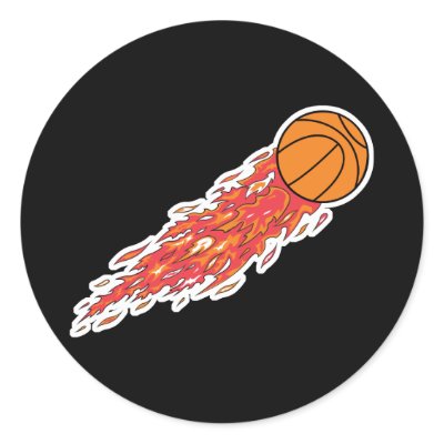 basketball on fire round sticker by doonidesigns