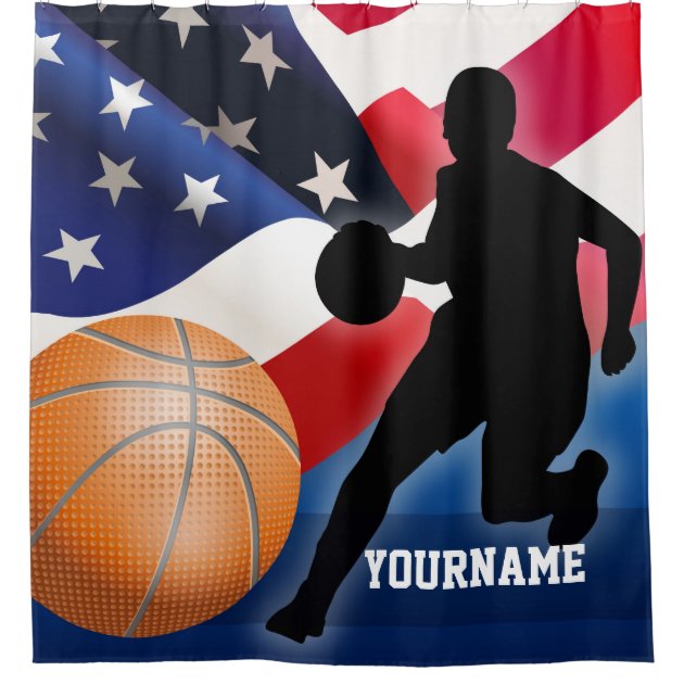 Basketball Player Silhouette with American US Flag Shower Curtain-1