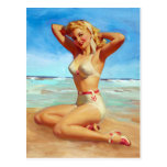 Basking on the Beach Pin Up Post Card