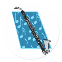 Bass Clarinet with Blue Background and Music Notes Round Sticker
