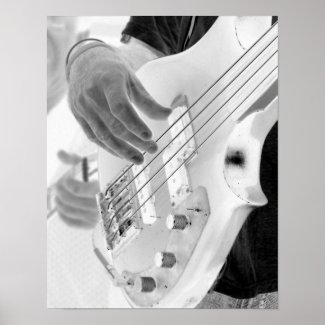 Bass player , bass and hand, negative image print