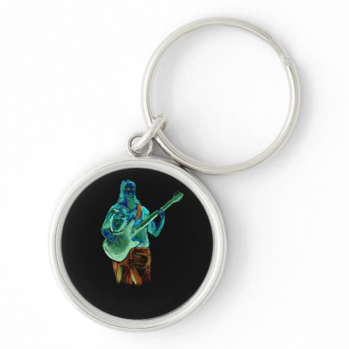 Bass player, done in neon colors on black back keychain