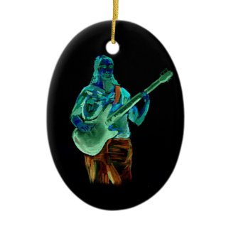 Bass player, done in neon colors on black back ornament