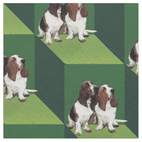Basset Hound on Green Cubes Fabric