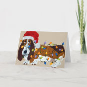 Basset Tangled In Christmas Lights Greeting Card