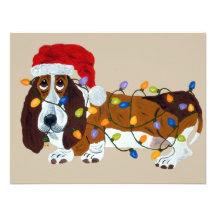 Basset Tangled In Christmas Lights Custom Invite