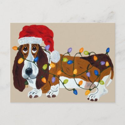 Basset Tangled In Christmas Lights Postcard