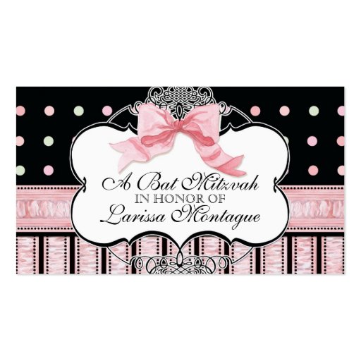 Bat Mitzvah Invitation - French Bow Dot Swirl Business Card Template (front side)