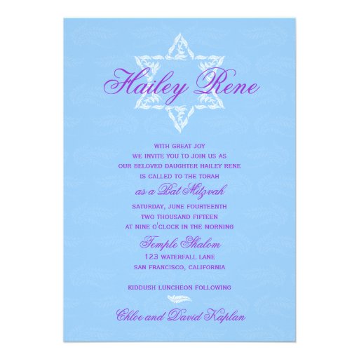 Bat Mitzvah Invitation Hailey with Damask Blue (front side)