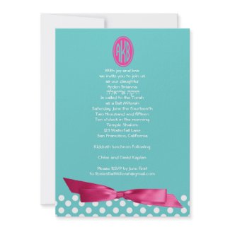 Bat Mitzvah Invitation Pink Bow Polka Dot