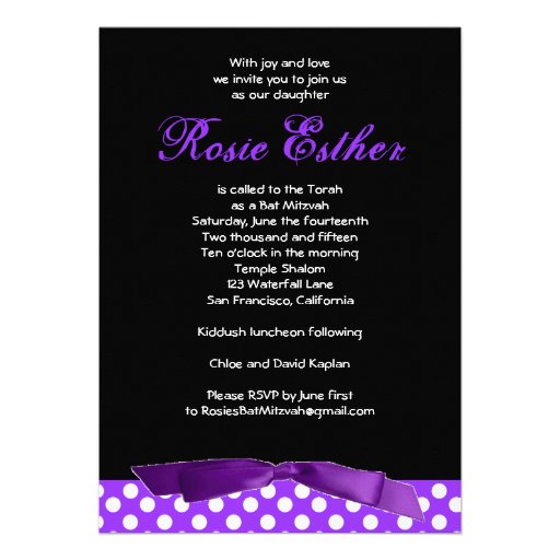 Bat Mitzvah Invitation Rosie Purple Bow Black (front side)