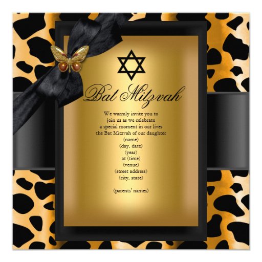 Bat Mitzvah Leopard Gold Black Butterfly Personalized Announcements (front side)