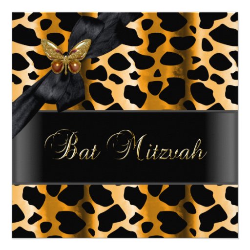 Bat Mitzvah Leopard Gold Black Butterfly Personalized Announcements