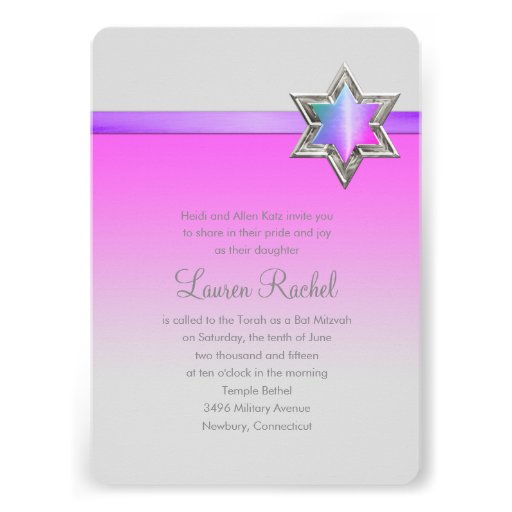 Bat Mitzvah Star of David Gray, Pink, Purple Personalized Announcement