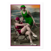 Bathing Beauties in green and raspberry suits Post Cards