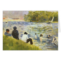 Bathing with a white horse in the river by Seurat Greeting Cards