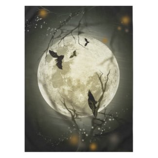 Bats fly Crow sits in Front of Halloween Full Moon Tablecloth