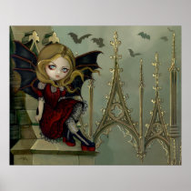 art, fantasy, eye, eyes, bat, bats, batty, flying, batwings, wings, wing, cathedral, gothic architecture, architecture, belltower, gargoyle, storm, big eye, big eyed, jasmine, becket-griffith, becket, griffith, jasmine becket-griffith, jasmin, strangeling, artist, goth, gothic, fairy, gothic fairy, faery, fairies, faerie, fairie, lowbrow, low brow, Poster with custom graphic design