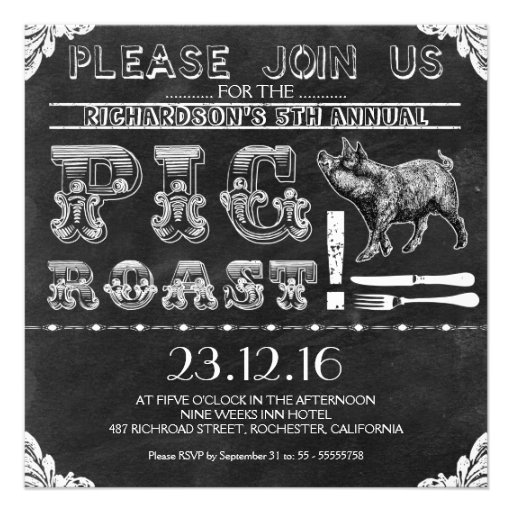 BBQ PIG ROAST black chalkboard invitations (front side)