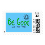 be good logo bright green w/ blue back postage stamp