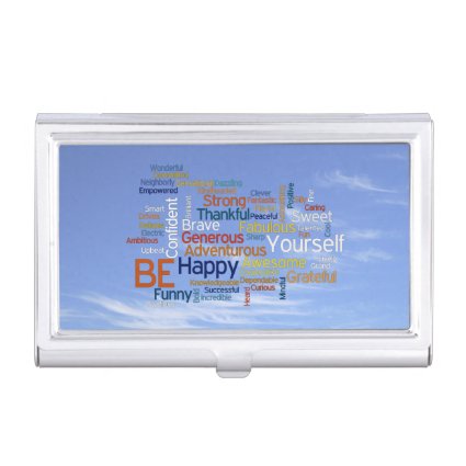 Be Happy Word Cloud in Blue Sky Inspire Business Card Holder