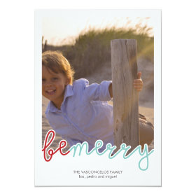 Be Merry Photo Christmas Holiday Wishes Red Blue 5x7 Paper Invitation Card