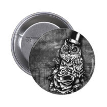 Be Wise tattoo style owl on digital wood base. buttons