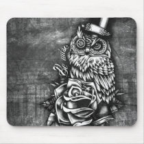 Be Wise tattoo style owl on digital wood base. mousepads