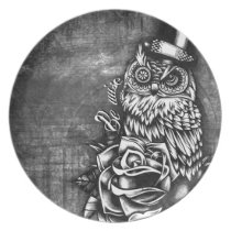 Be Wise tattoo style owl on digital wood base. plates