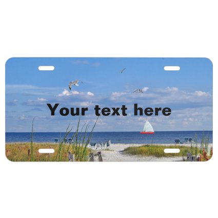 Beach and Ocean View with Sailboat License Plate