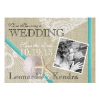 Beach and Vintage Lace Romantic Save the Date Custom Invites