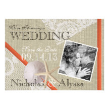 Beach and Vintage Lace Romantic Save the Date Custom Invitation