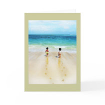 Beach babies in sand run to ocean cards