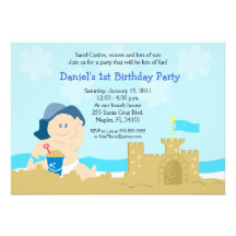 Beach Baby Sand Castle Boy Birthday Party 5x7 Invitations