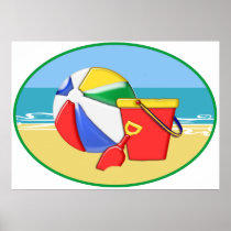 Beach Ball, Pail & Shovel at the Shore Poster