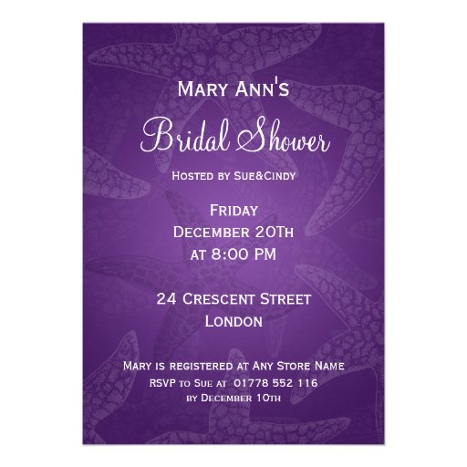 Beach Bridal Shower Starfish Purple Custom Announcements