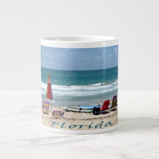 beach chairs surfboards umbrellas sand ocean extra large mugs