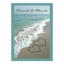 Beach Destination Wedding 5x7, Sand Hearts Custom Invitations