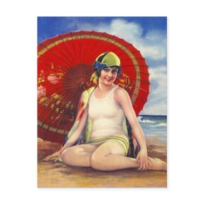 Beach Flapper Girl Postcard Asian Umbrella Cloche by ChatRoomCowboy
