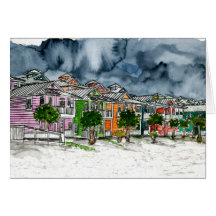 beach houses tropical art drawing greeting cards