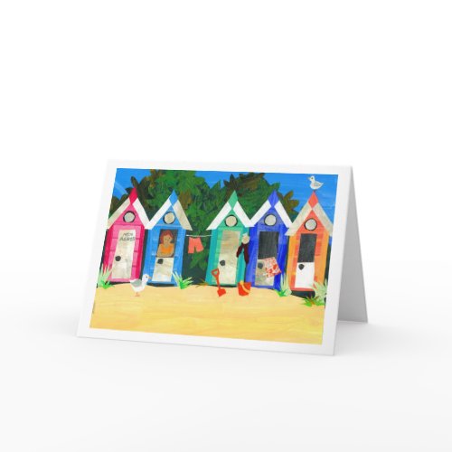 Colorful Beach Huts Greeting Card by Judy Adamson