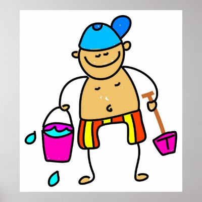  ... drawing of a little boy carrying a bucket and spade at the beach